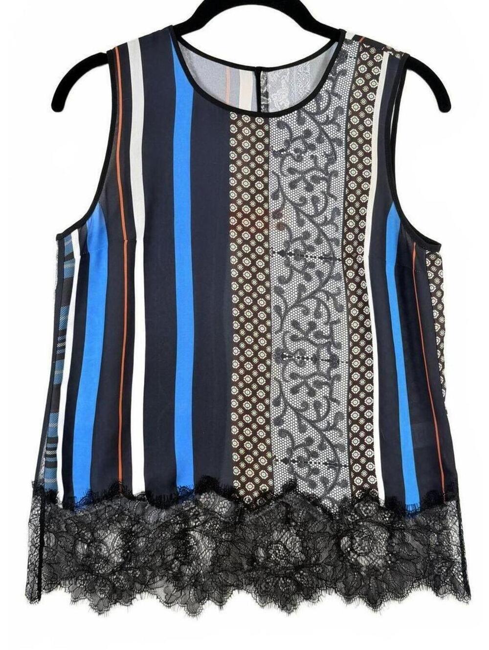 Clover Canyon Mixed Print Sleeveless Top Floral Striped Lace Trim Size Small
